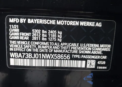 2022 BMW 540 I xDrive из США, поврежденный, VIN WBA73BJ01NWX58656